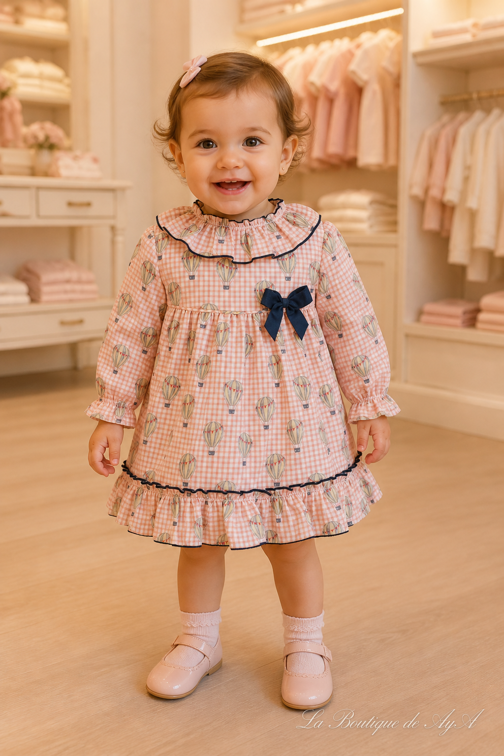 Bebé con vestido Miranda salmón 40/0044/V - modelo con marca de agua La Boutique de AyA