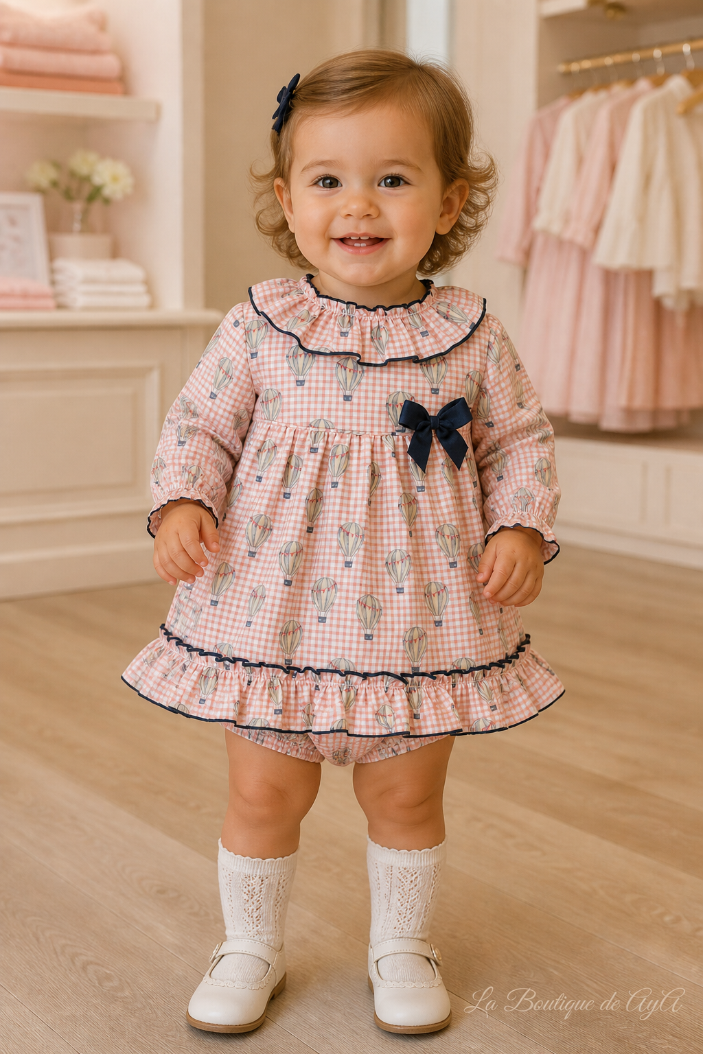 Bebé con vestido y braguita Miranda salmón 40/0044/VB - modelo con marca de agua La Boutique de AyA