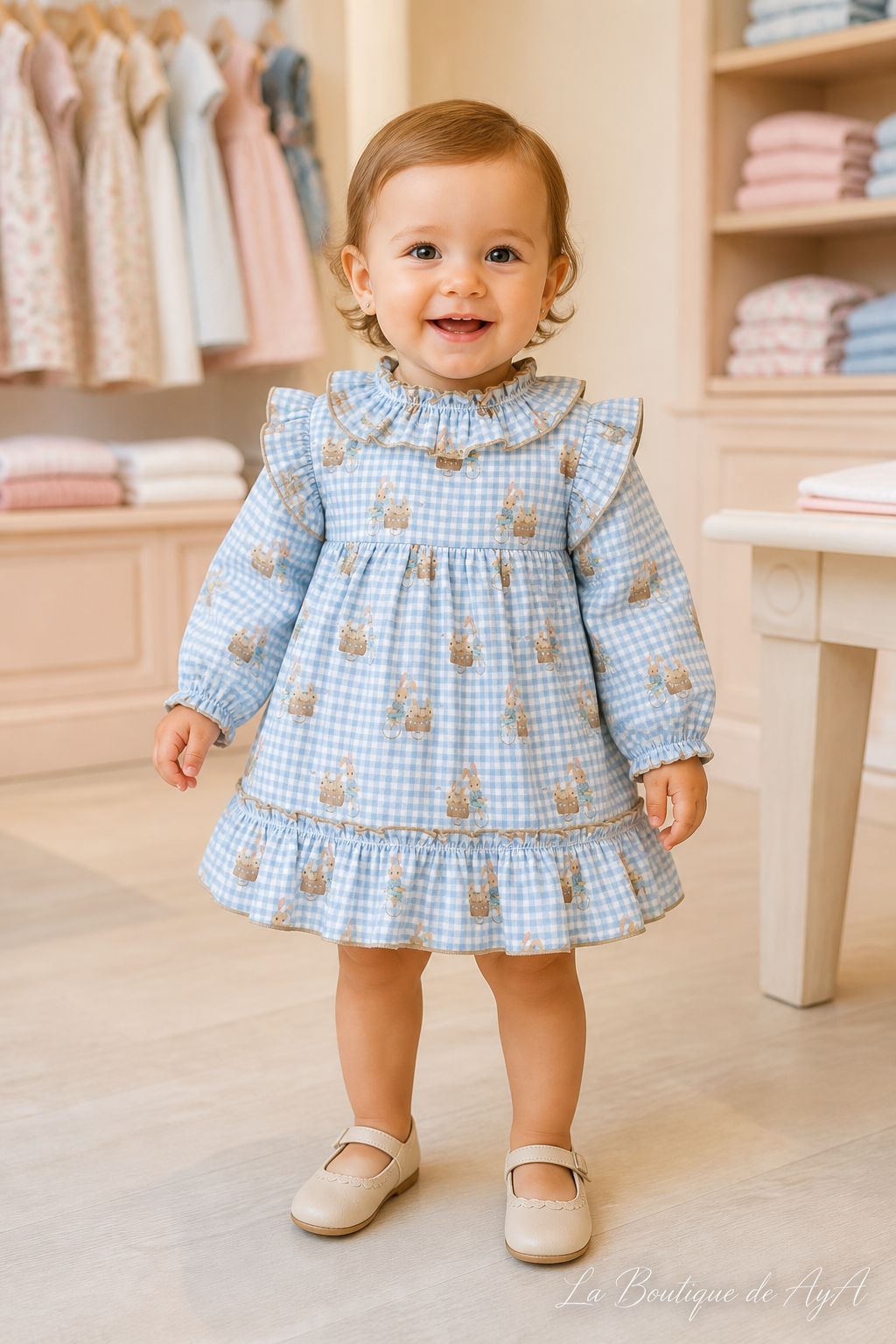 Bebé con vestido Miranda azul 40/0048/V - modelo con marca de agua La Boutique de AyA