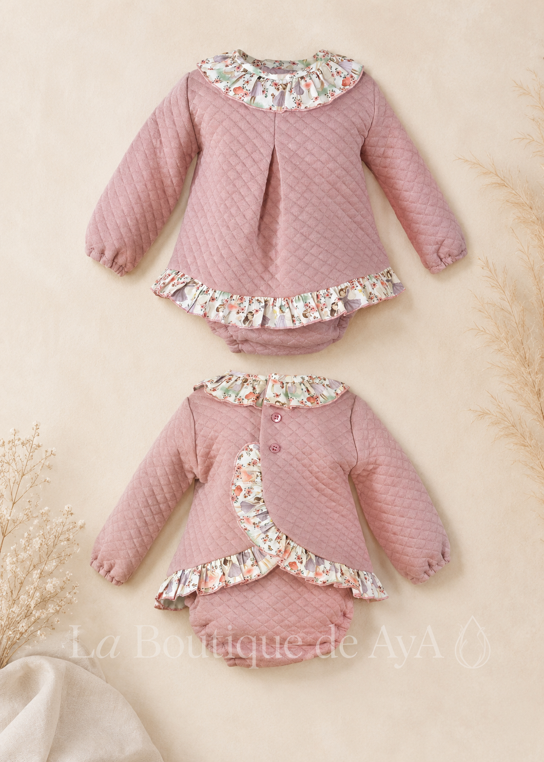 Conjunto bebé niña Miranda rosa palo 40/0050/23 - vista delantera y trasera con marca de agua La Boutique de AyA