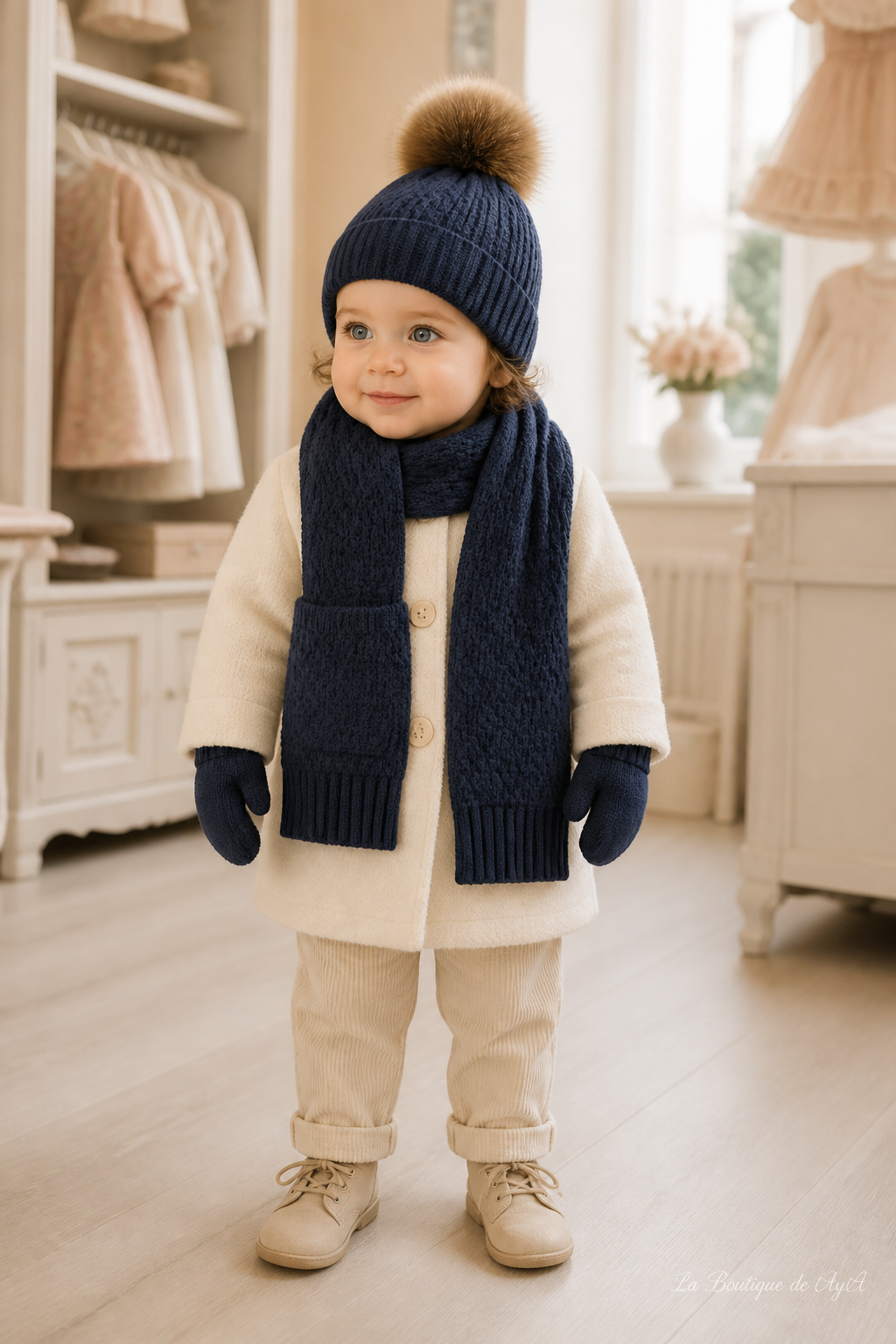 Bebé con bufanda, gorro y manoplas Miranda 40/0100/BGM en boutique, marca de agua La Boutique de AyA