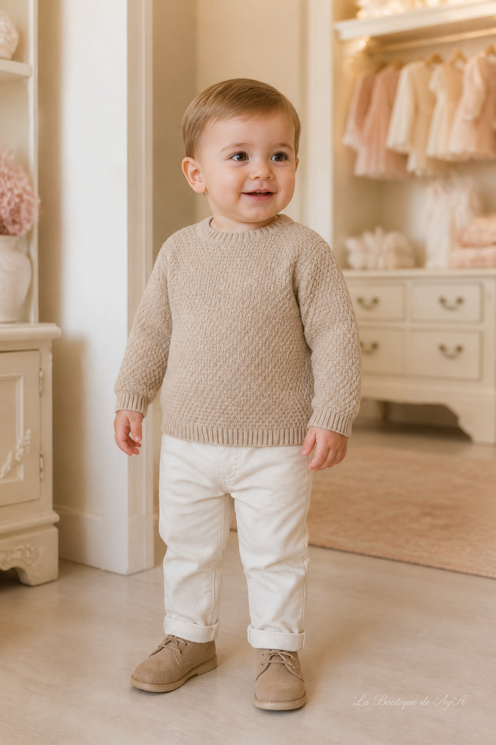 Bebé niño con jersey Miranda camel 40/0104/J en boutique, marca de agua La Boutique de AyA