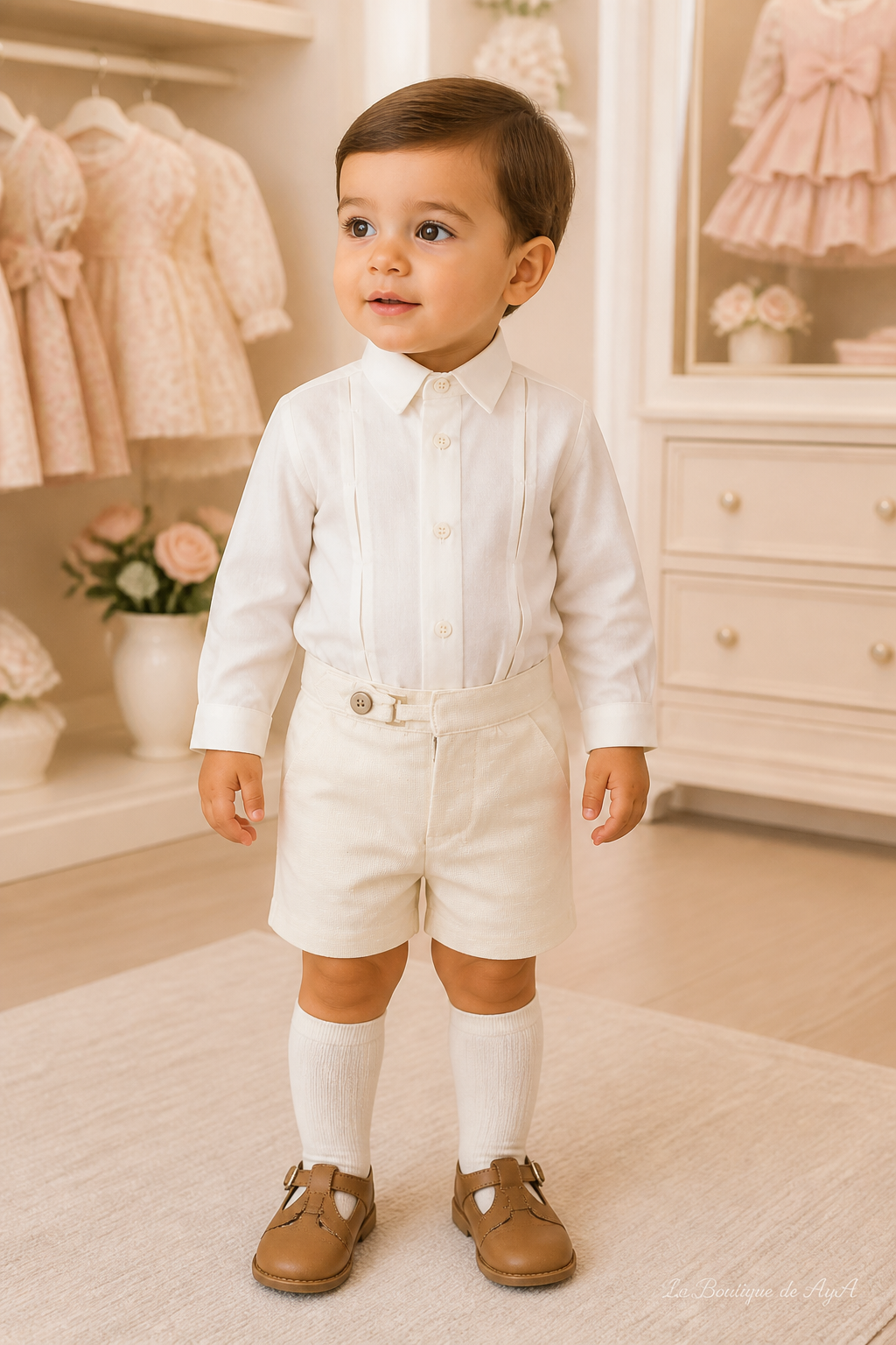 Bebé niño con conjunto Miranda beige 40/0120/23 en boutique, marca de agua La Boutique de AyA