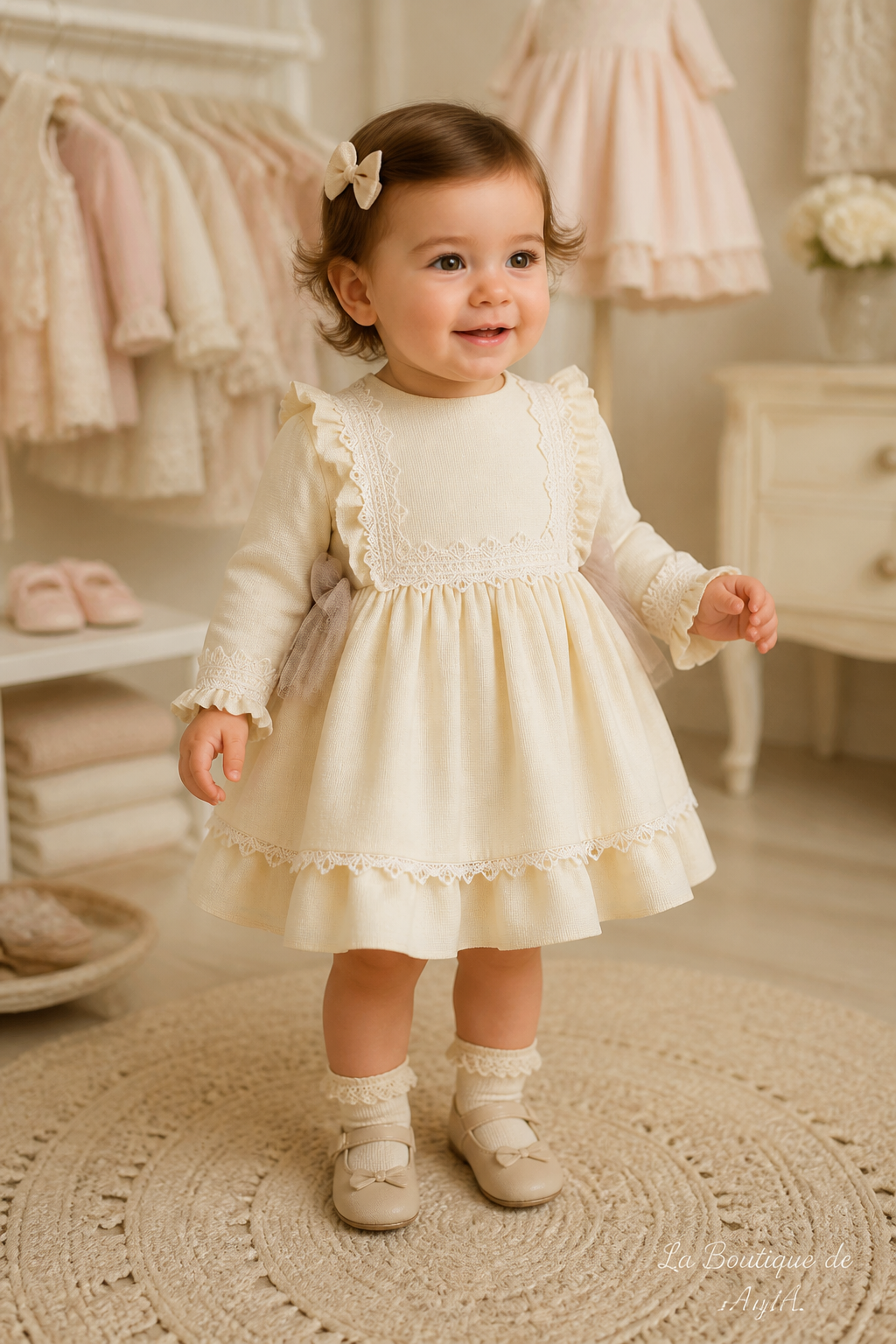 Bebé niña con vestido Miranda beige 40/0120/V en boutique, marca de agua La Boutique de AyA