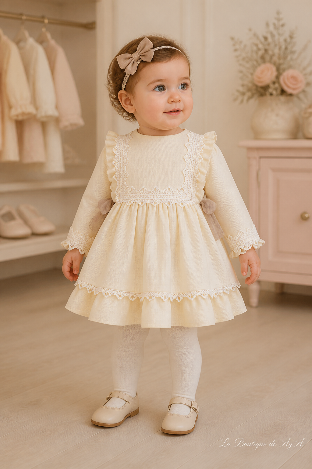 Bebé niña con vestido y braguita Miranda beige 40/0120/VB en boutique, marca de agua La Boutique de AyA