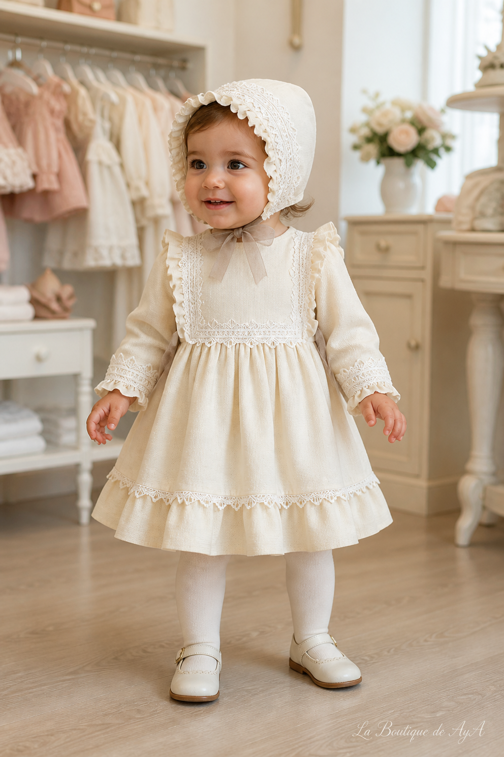 Bebé niña con vestido, braguita y capota Miranda beige 40/0120/VBG en boutique, marca de agua La Boutique de AyA