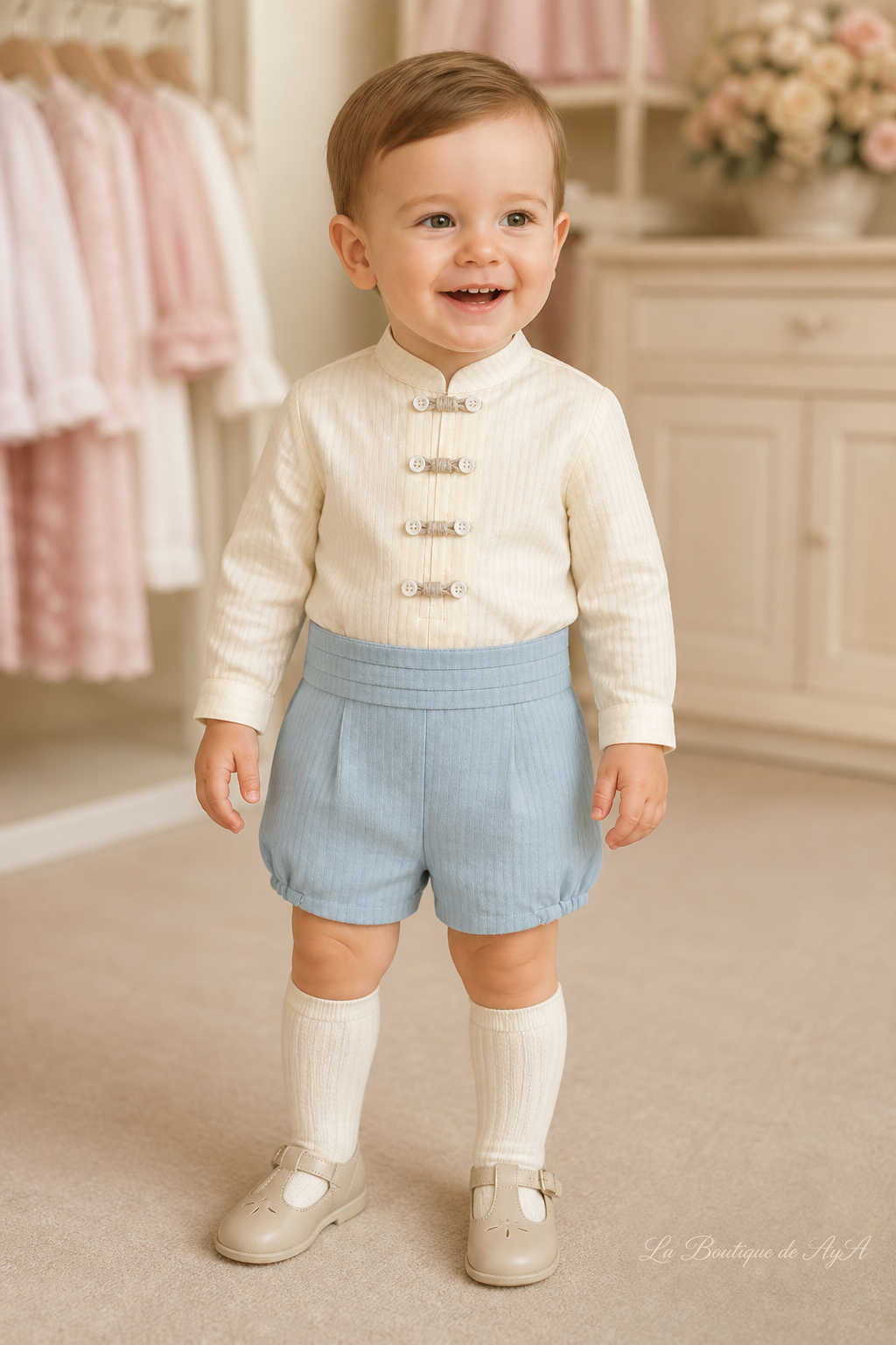 Bebé niño con conjunto Miranda azul verdoso 40/0123/23 en boutique, marca de agua La Boutique de AyA