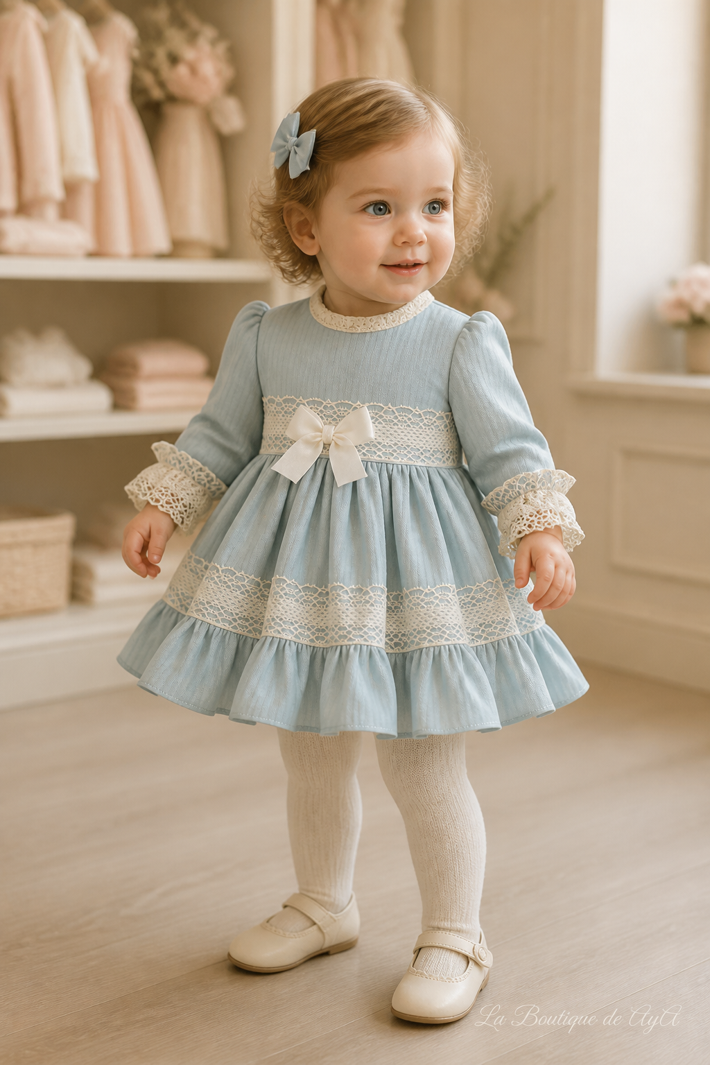 Bebé niña con vestido Miranda azul verdoso 40/0123/V en boutique, marca de agua La Boutique de AyA