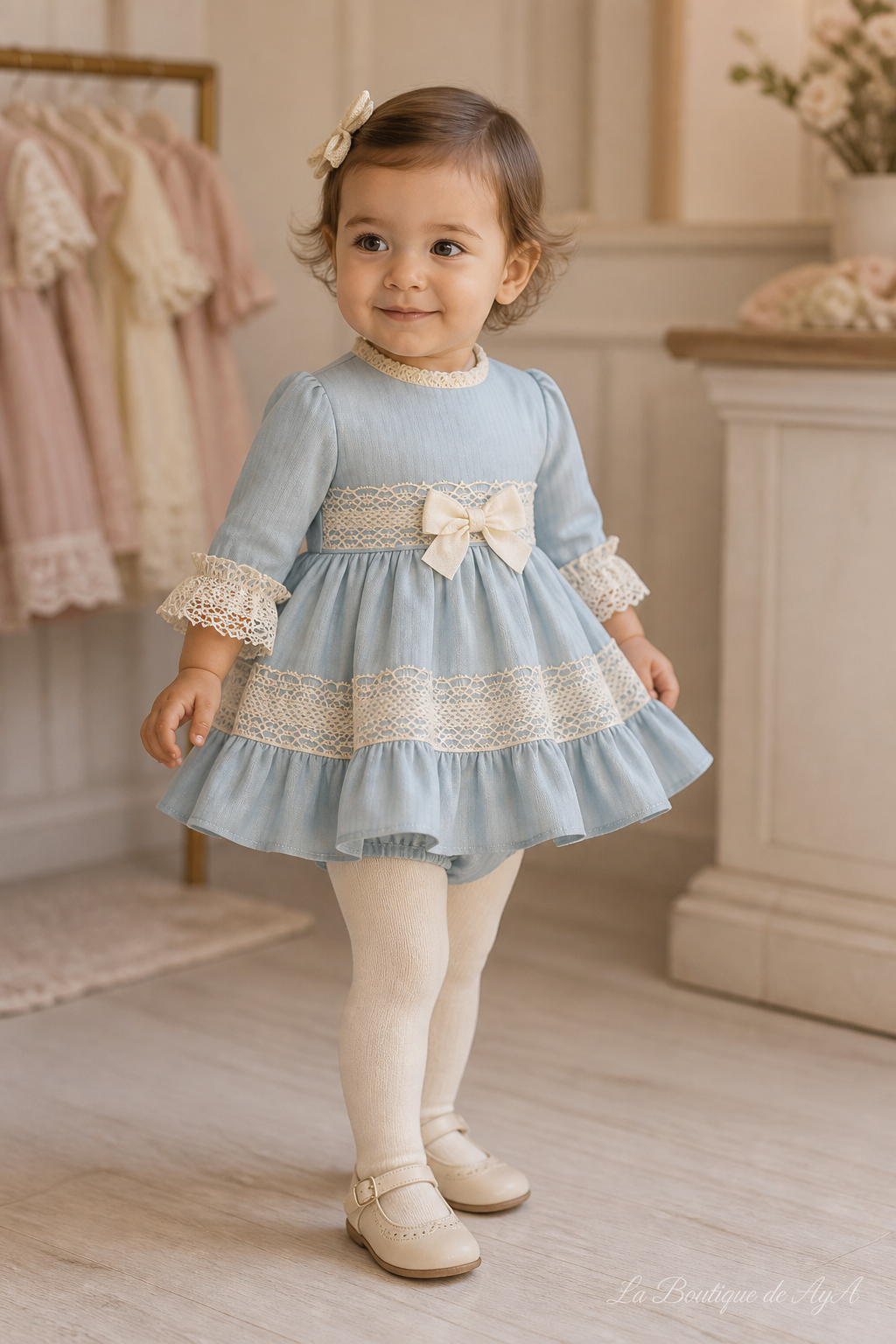 Bebé niña con vestido y braguita Miranda azul verdoso 40/0123/VB en boutique, marca de agua La Boutique de AyA
