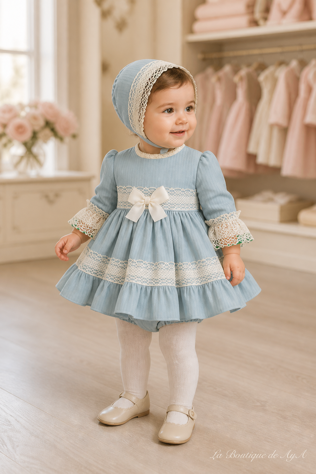 Bebé niña con vestido, braguita y capota Miranda azul verdoso 40/0123/VBG en boutique, marca de agua La Boutique de AyA