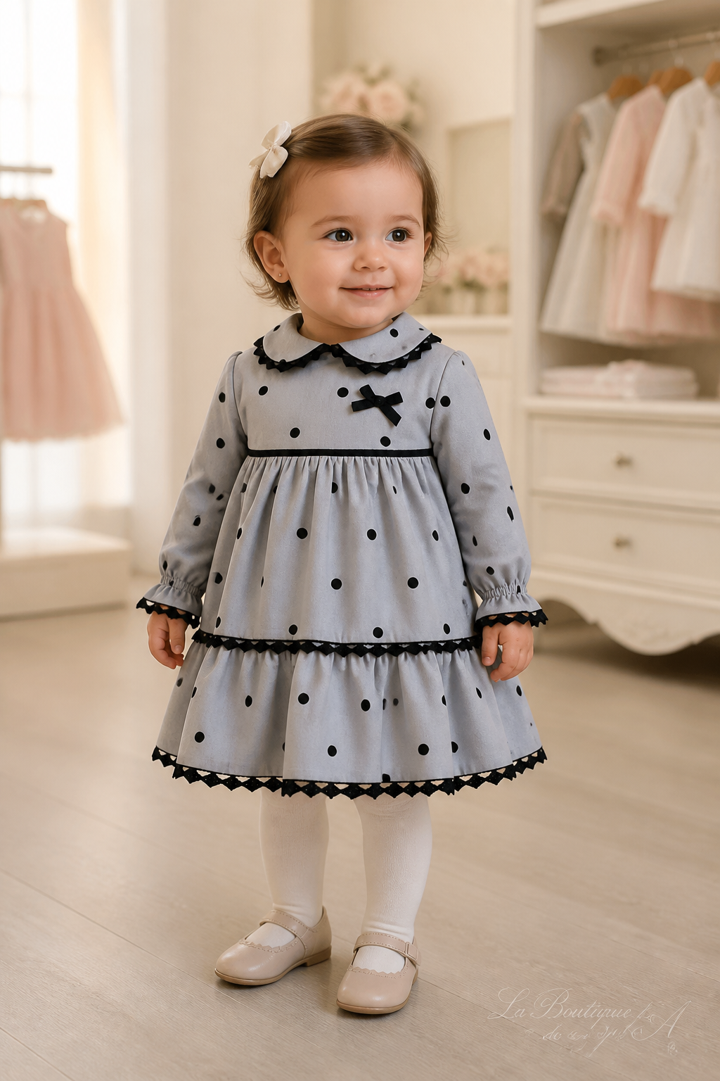 Bebé niña con vestido Miranda gris 40/0124/V en boutique, marca de agua La Boutique de AyA