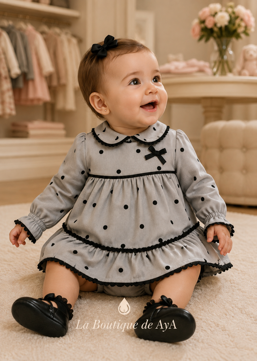 Bebé con vestido y braguita Miranda gris 40/0124/VB - modelo con marca de agua La Boutique de AyA