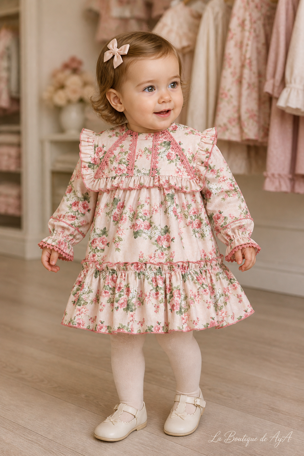 Bebé niña con vestido Miranda rosa palo 40/0126/V en boutique, marca de agua La Boutique de AyA