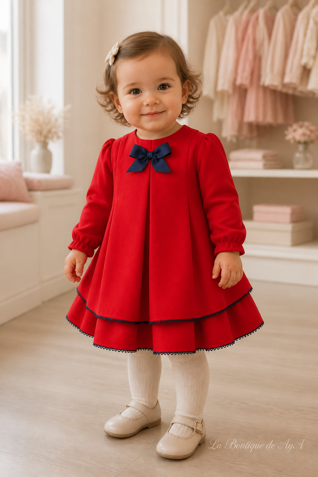 Bebé niña con vestido Miranda rojo 40/0131/V en boutique, marca de agua La Boutique de AyA
