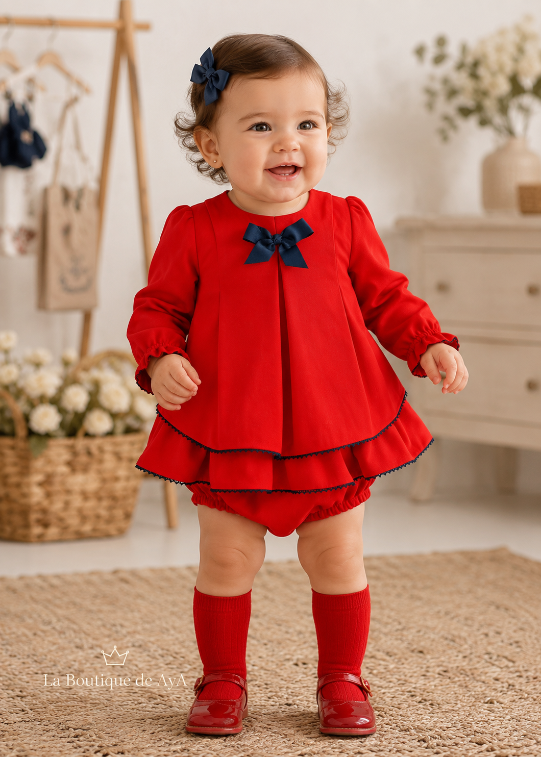 Bebé con vestido y braguita Miranda rojo 40/0131/VB - modelo con marca de agua La Boutique de AyA