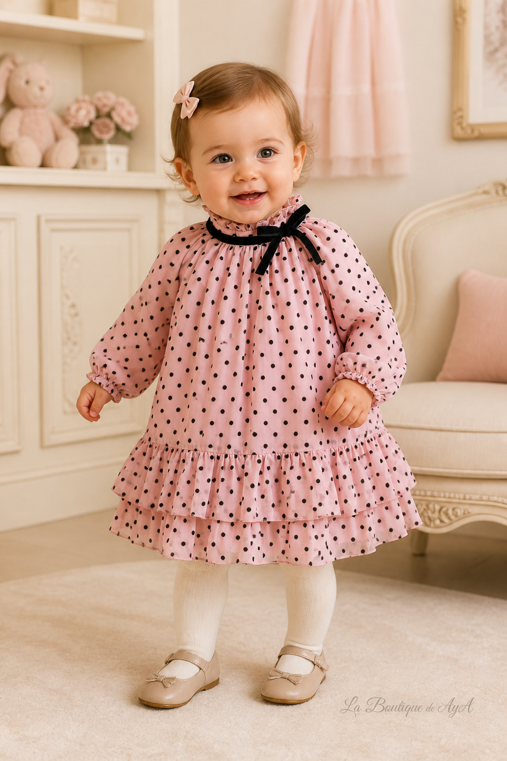 Bebé niña con vestido Miranda rosa palo 40/0132/V en boutique, marca de agua La Boutique de AyA