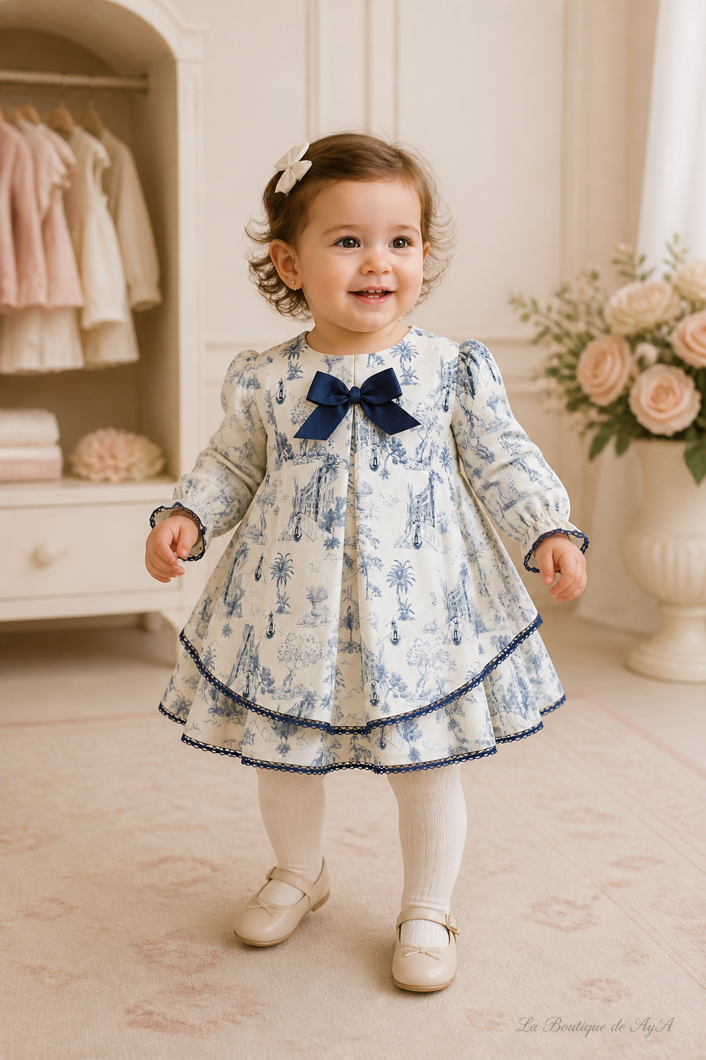 Bebé niña con vestido Miranda marino 40/0133/V en boutique, marca de agua La Boutique de AyA