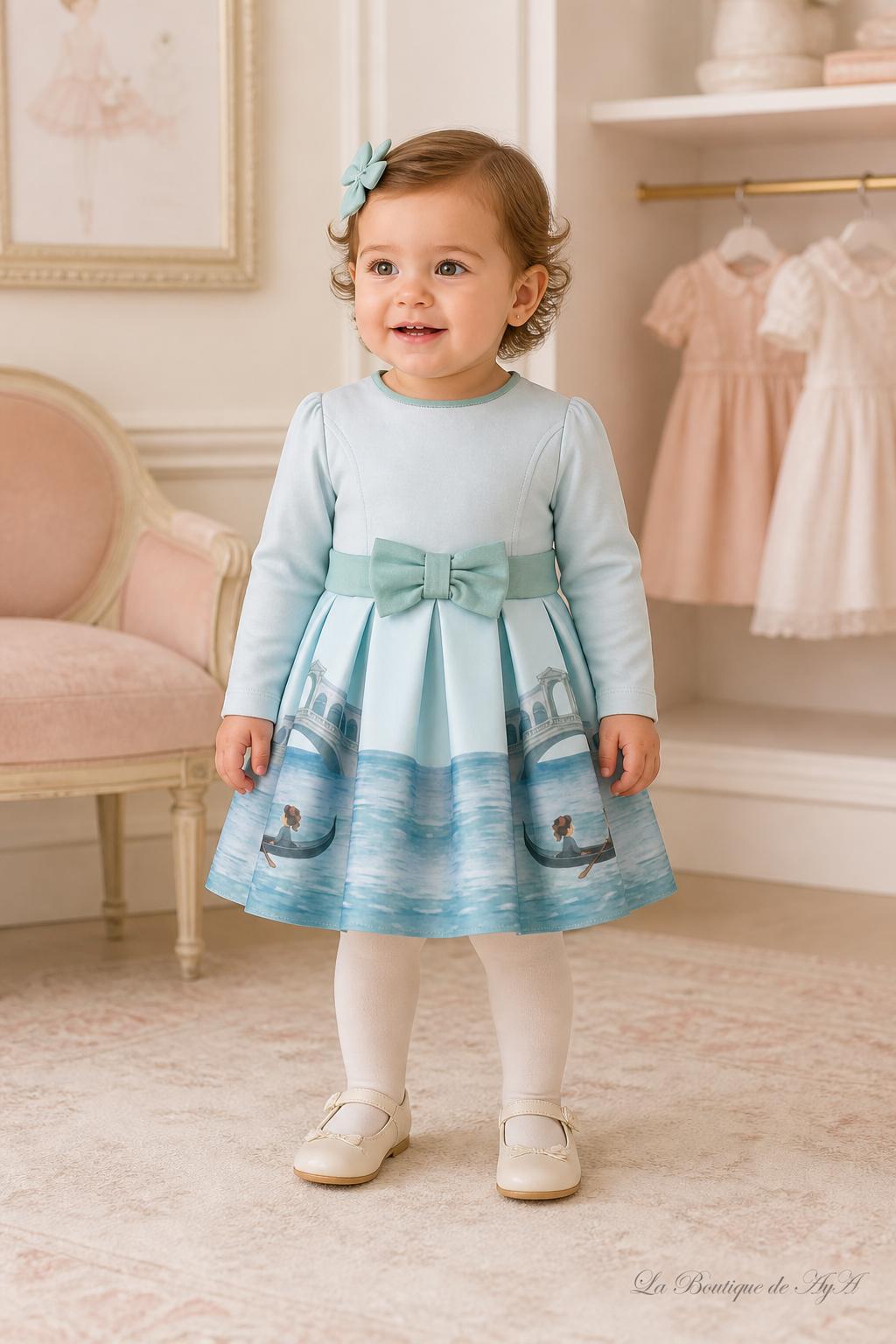 Bebé niña con vestido Miranda verde agua 40/0136/V en boutique, marca de agua La Boutique de AyA