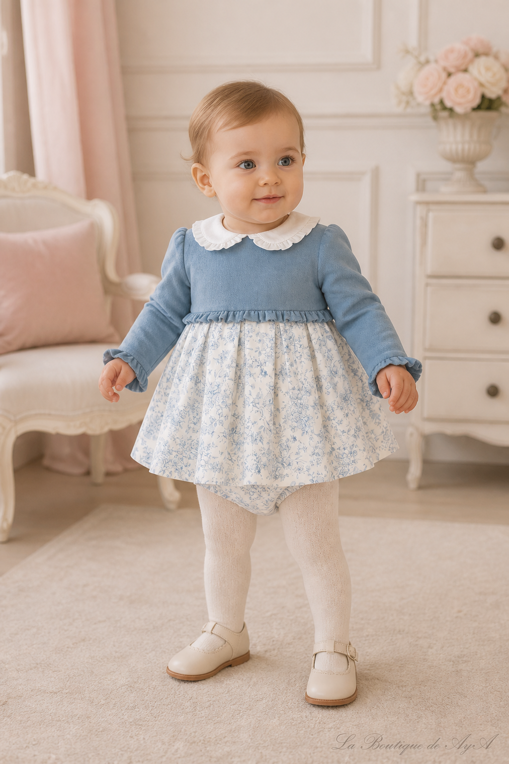 Bebé niña con vestido y braguita Miranda azul empolvado 40/0143/VB en boutique, marca de agua La Boutique de AyA