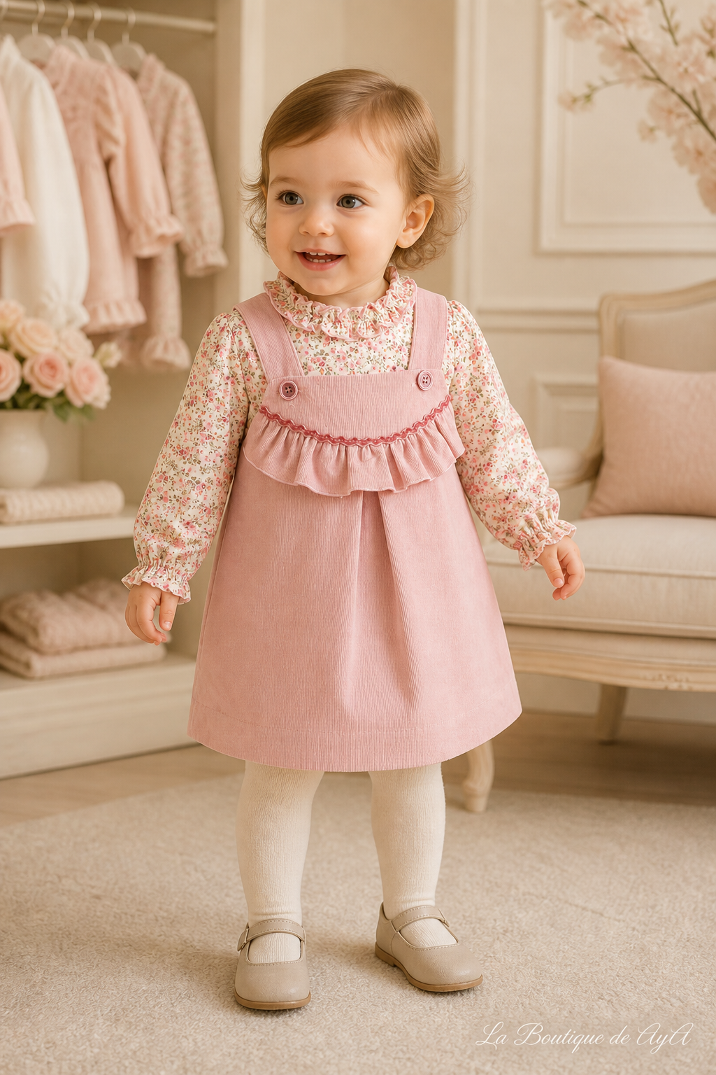 Bebé niña con conjunto blusa y pichi Miranda rosa palo 40/0146/2P en boutique, marca de agua La Boutique de AyA
