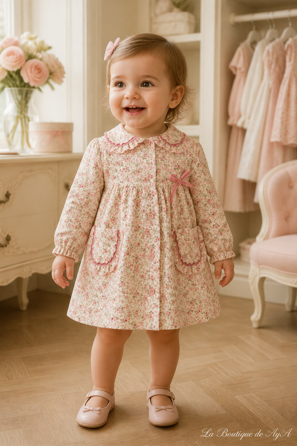 Bebé niña con vestido Miranda floral rosa 40/0146/V en boutique, marca de agua La Boutique de AyA