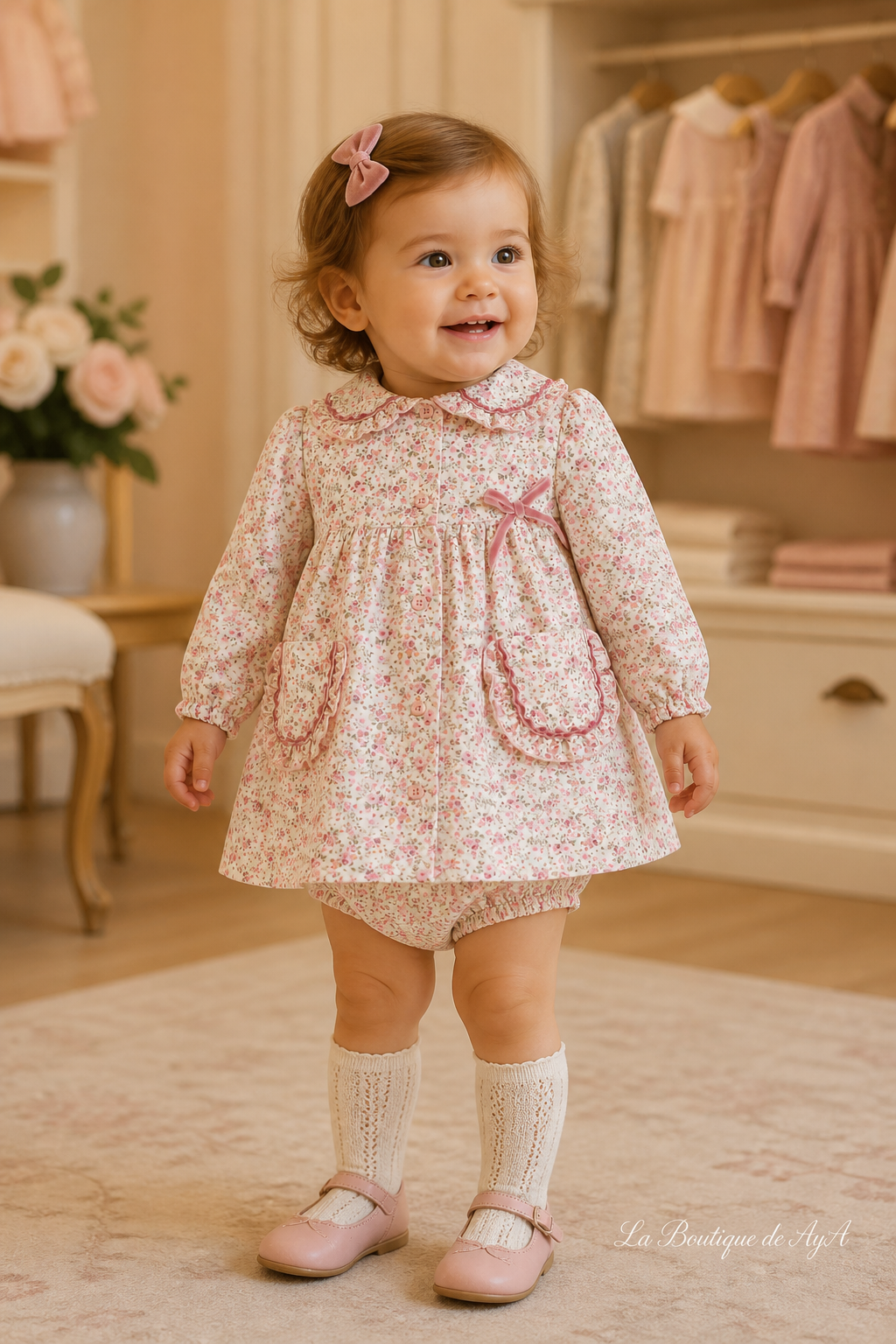 Bebé niña con vestido y braguita Miranda floral rosa 40/0146/VB en boutique, marca de agua La Boutique de AyA