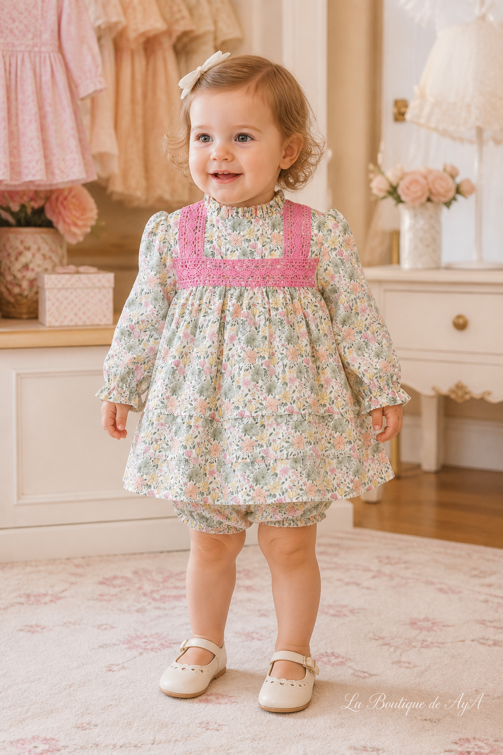 Bebé niña con vestido y braguita Miranda verde claro 40/0148/VB en boutique, marca de agua La Boutique de AyA