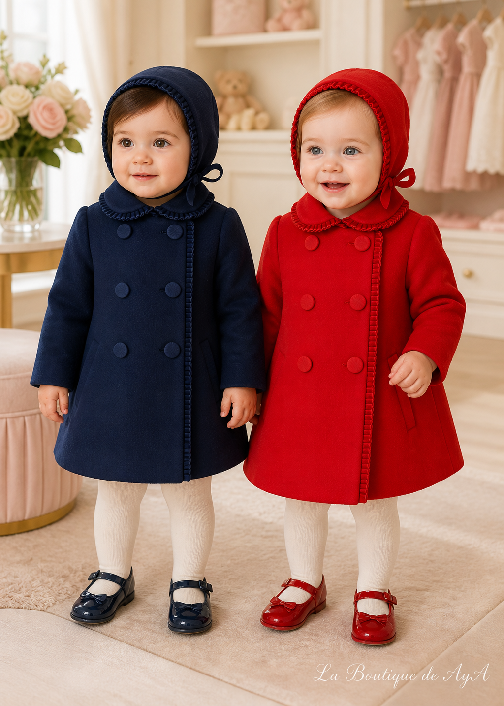 Bebés con abrigos Miranda marino y rojo 40/0160/A en boutique, marca de agua La Boutique de AyA