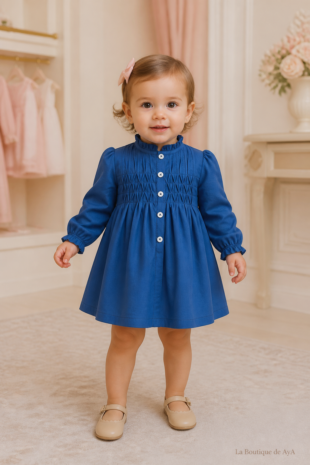 Bebé niña con vestido Miranda azulón 40/0500/V en boutique, marca de agua La Boutique de AyA