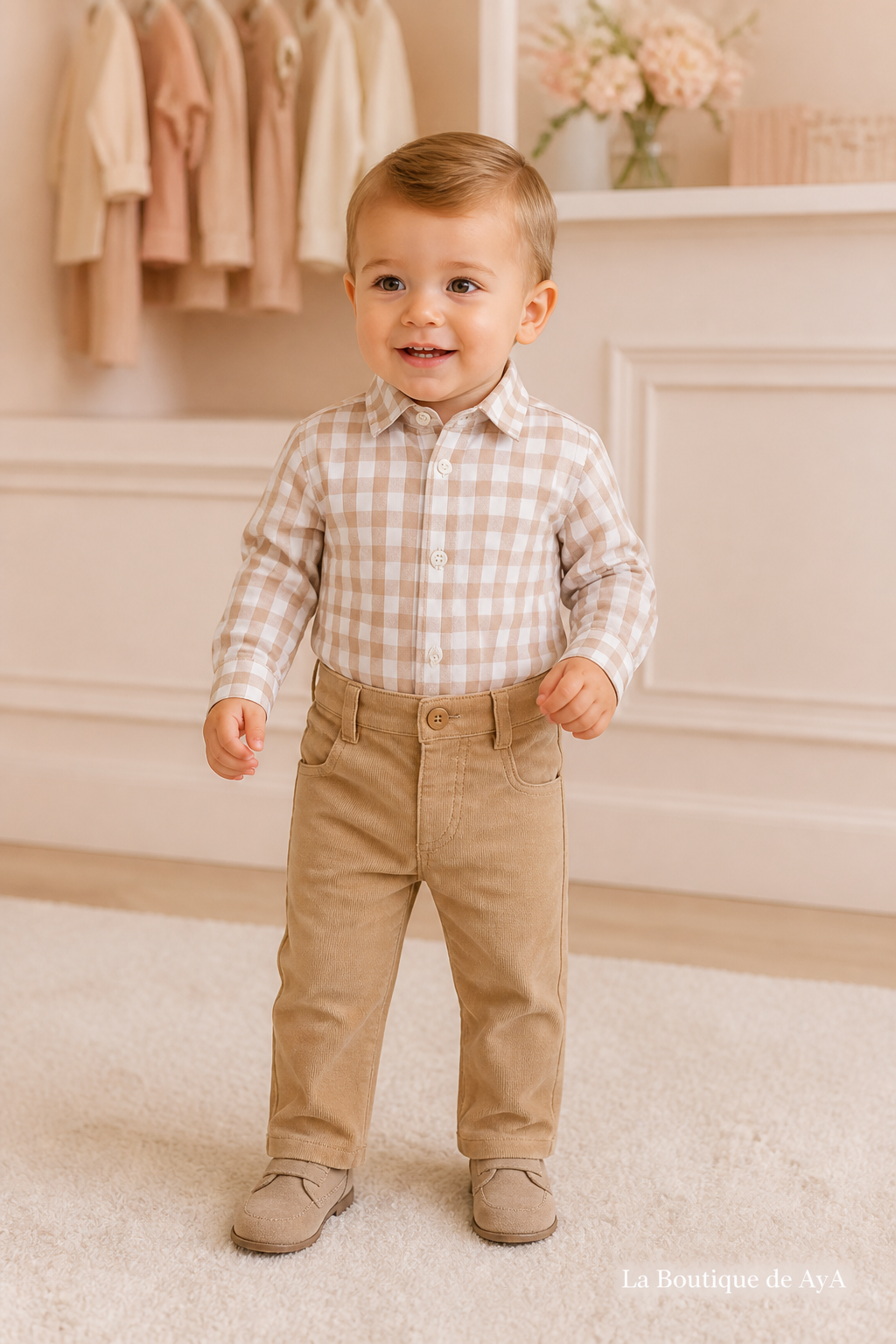 Bebé niño con conjunto camisa y pantalón largo Miranda camel 40/0508/23 en boutique, marca de agua La Boutique de AyA