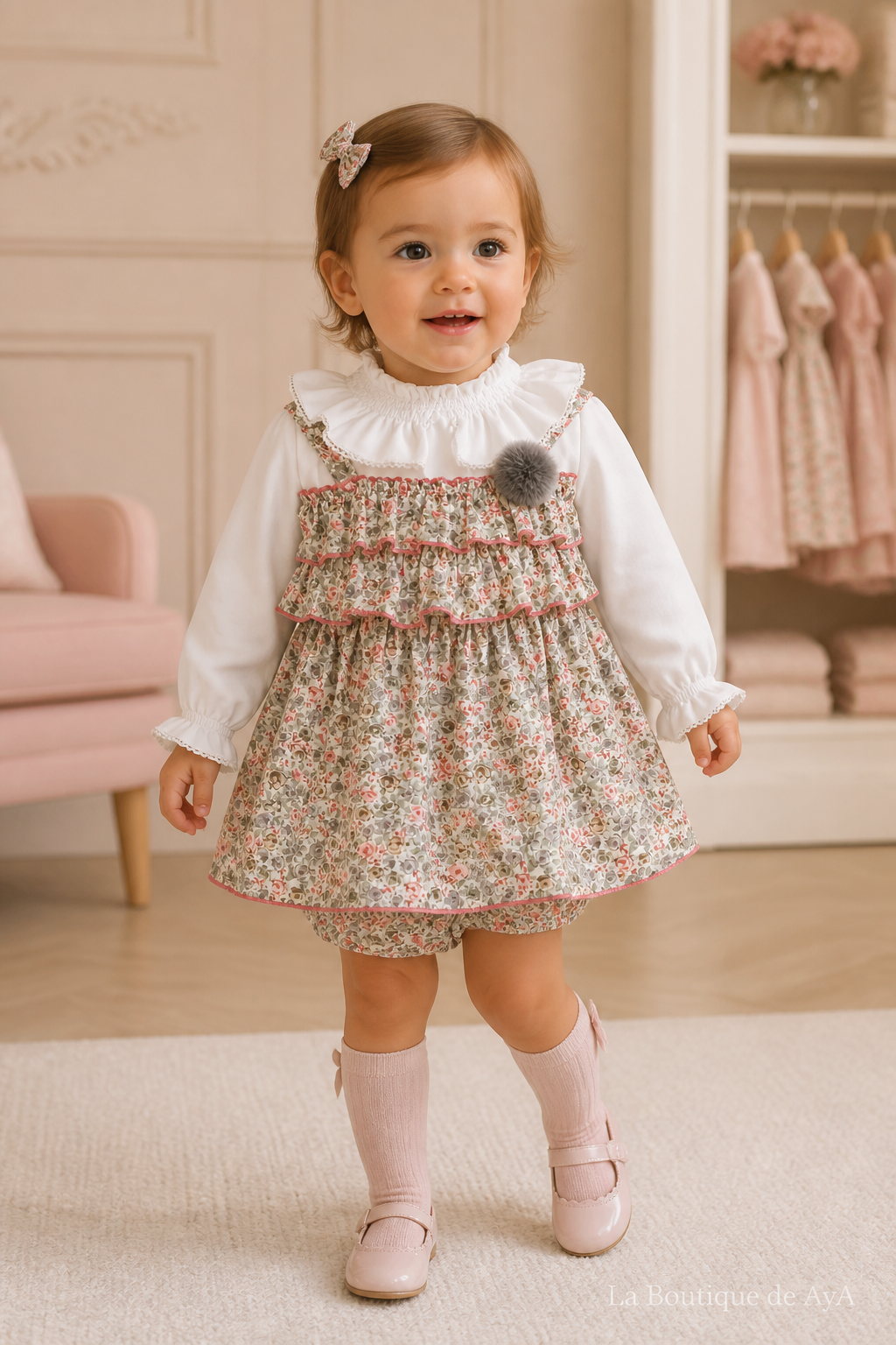 Bebé niña con vestido Miranda rosa palo 40/0512/V en boutique, marca de agua La Boutique de AyA
