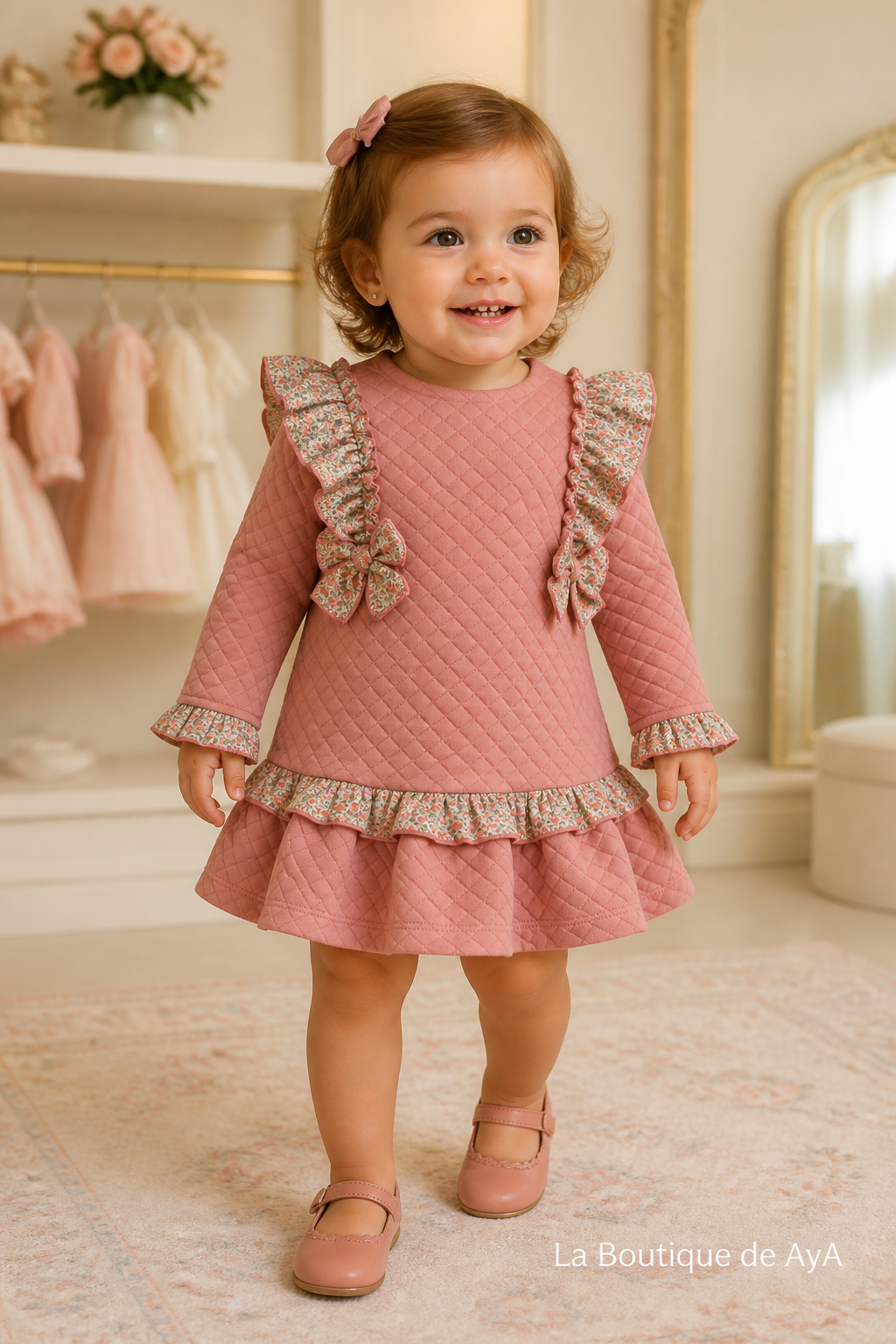 Bebé niña con vestido Miranda rosa palo 40/0516/V en boutique, marca de agua La Boutique de AyA