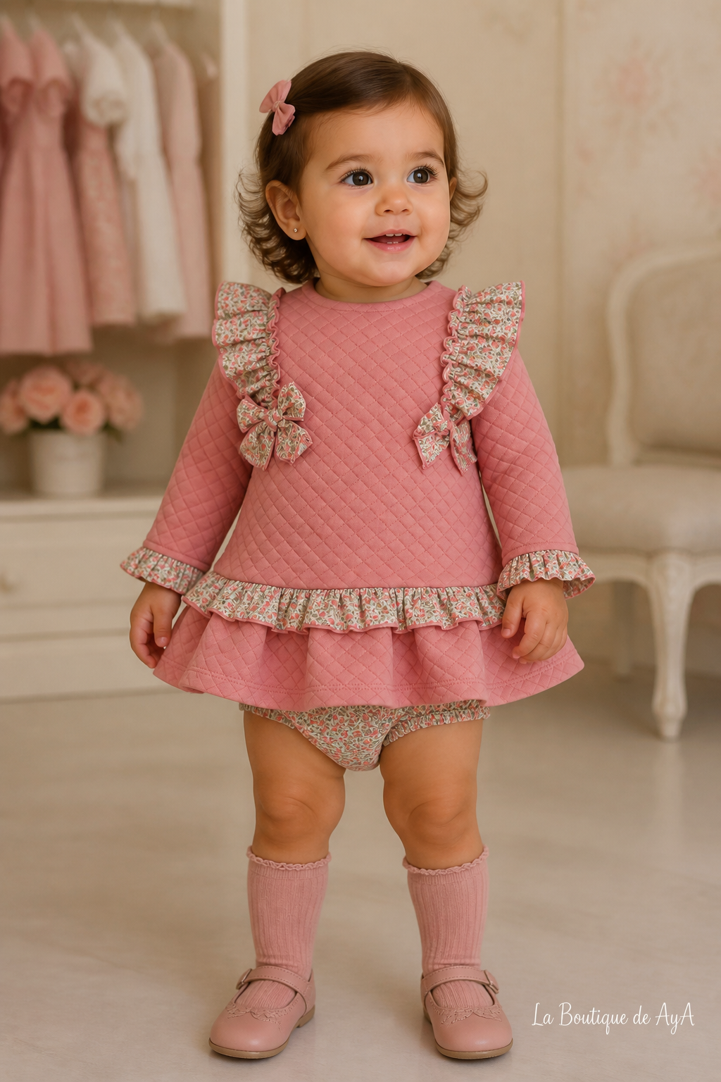 Bebé niña con vestido y braguita Miranda rosa palo 40/0516/VB en boutique, marca de agua La Boutique de AyA
