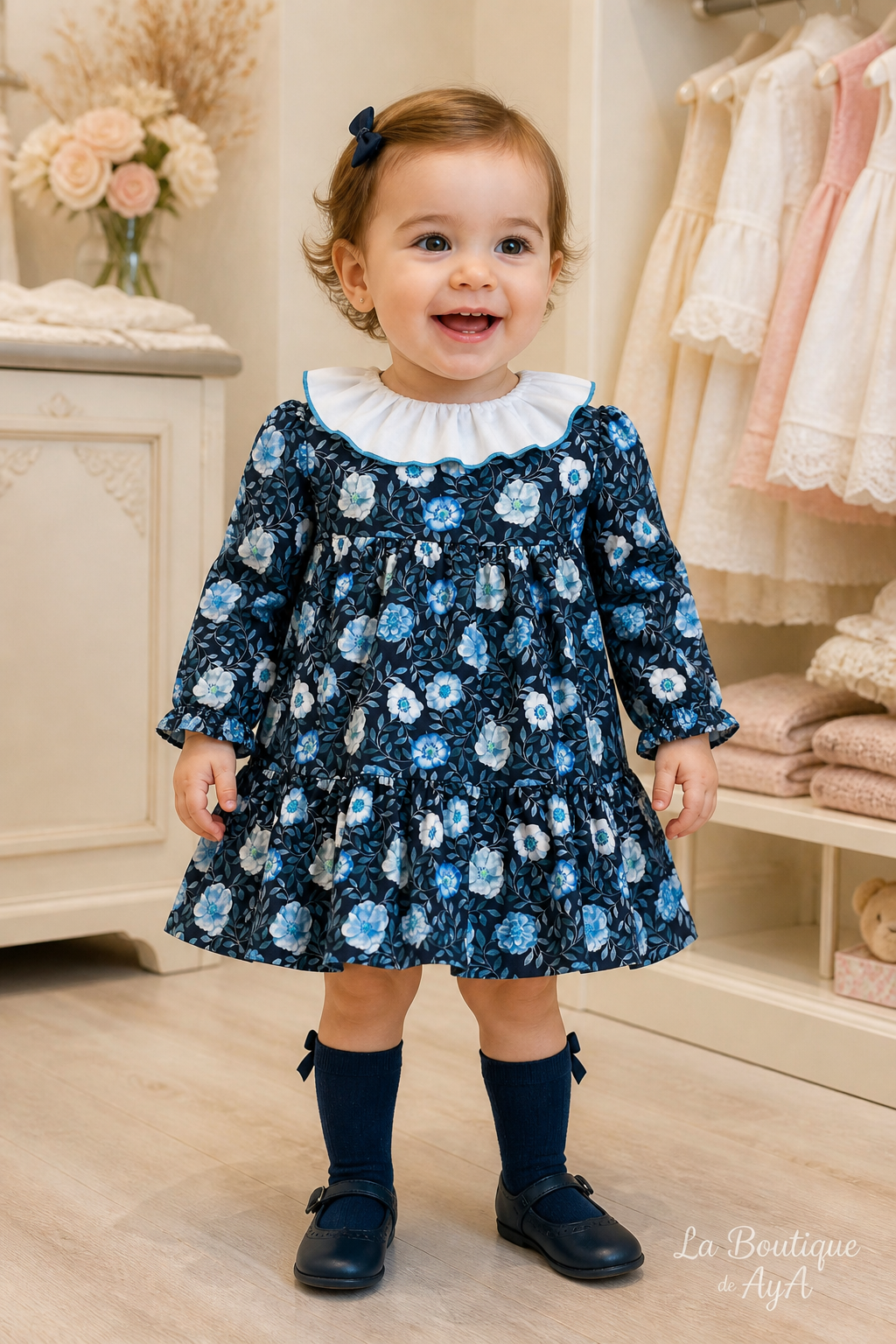 Bebé niña con vestido Miranda marino 40/0517/V en boutique, marca de agua La Boutique de AyA