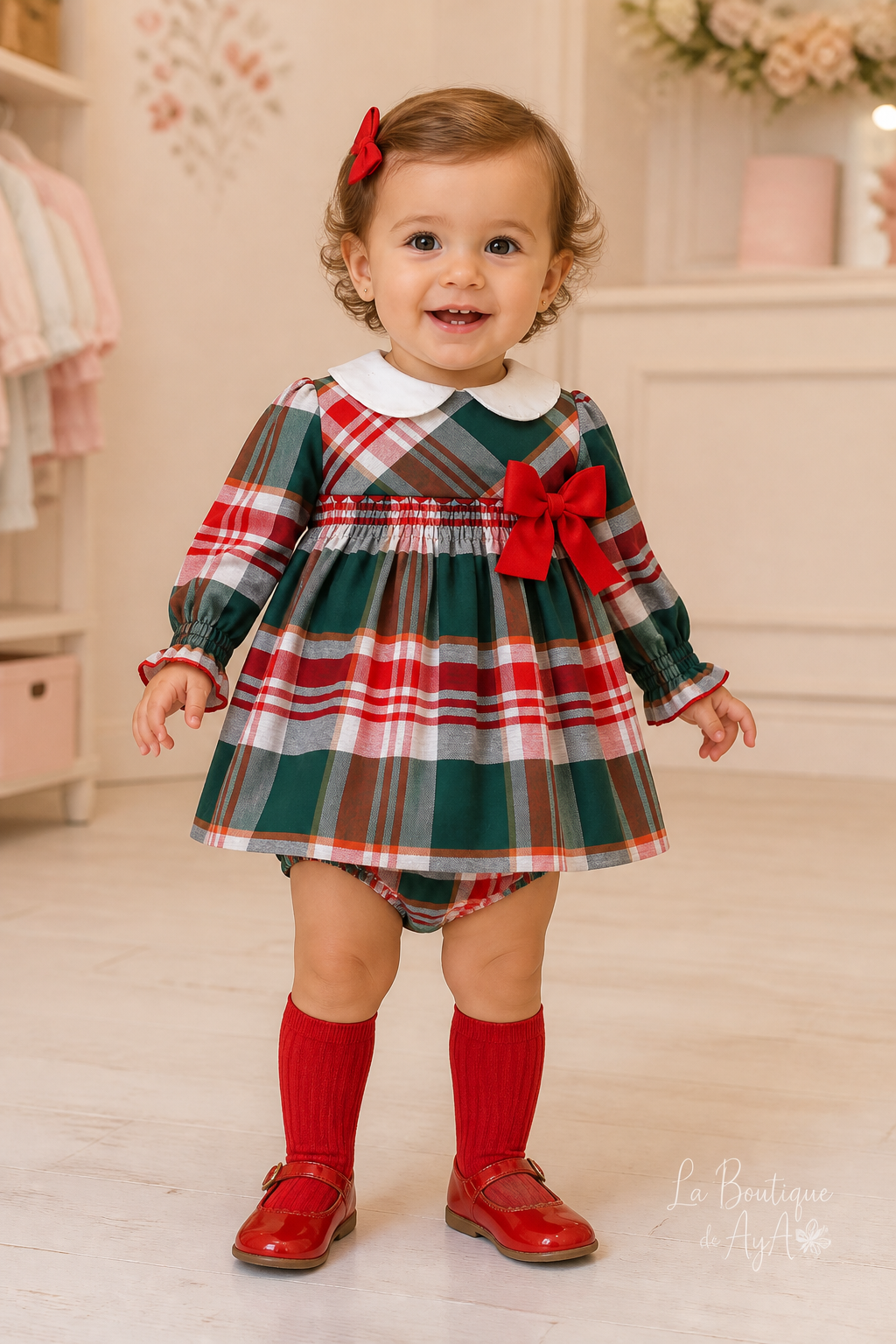 Bebé niña con vestido y braguita Miranda verde 40/0518/VB en boutique, marca de agua La Boutique de AyA