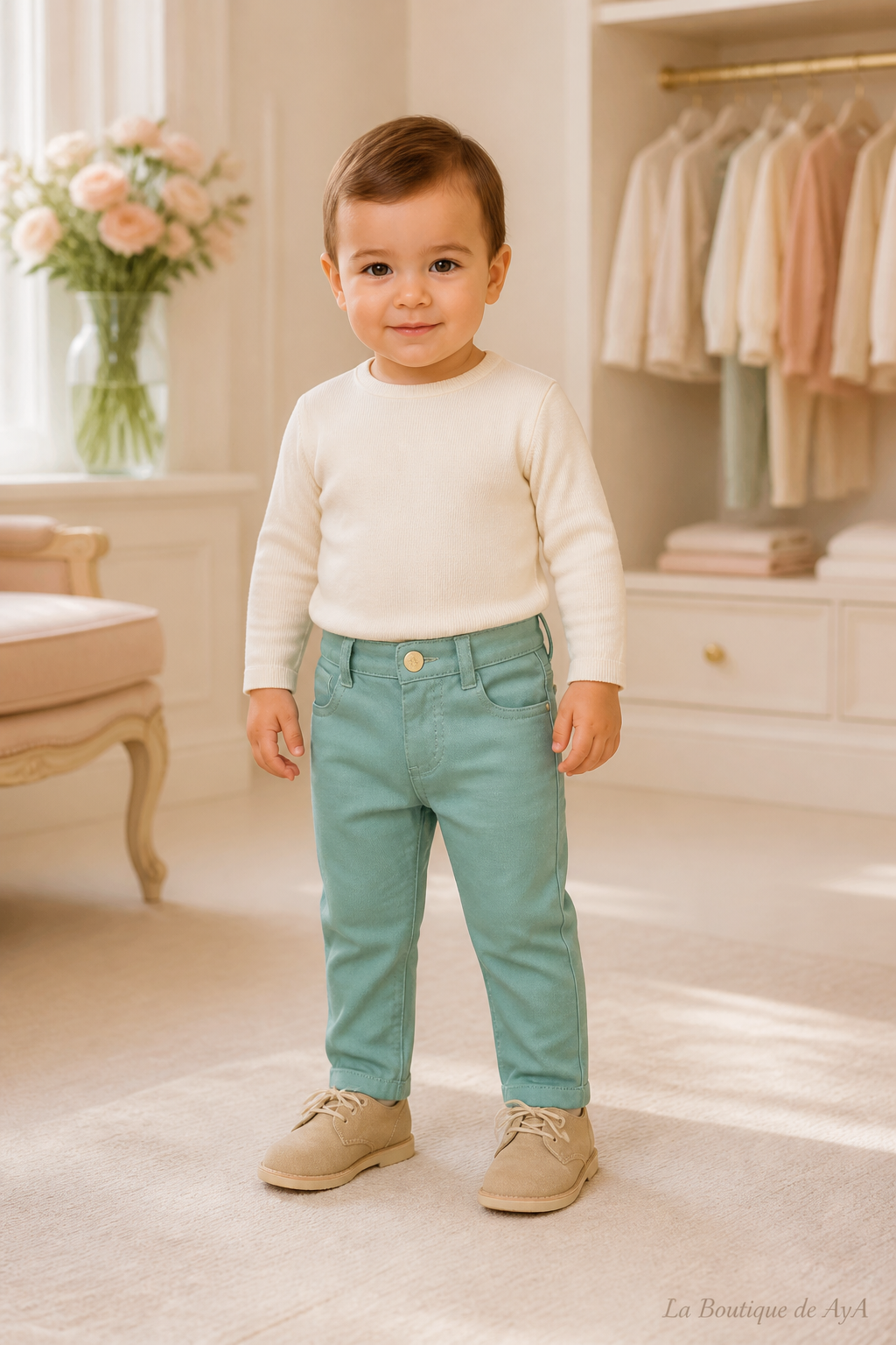 Pantalón bebé niño Miranda verde agua 40/0520/3 con modelo