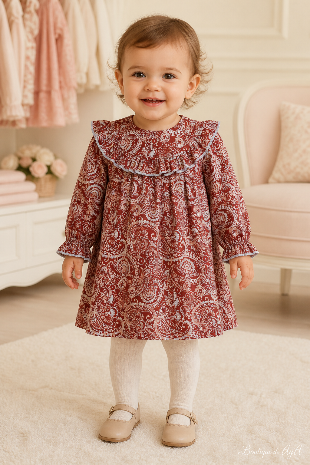 Vestido bebé niña Miranda granate 40/0525/V con modelo