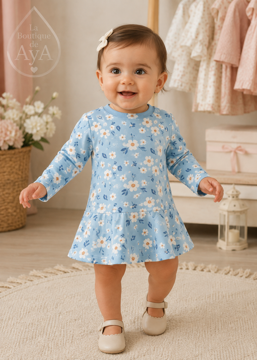 Bebé con vestido Miranda celeste 40/0532/V - modelo con marca de agua La Boutique de AyA