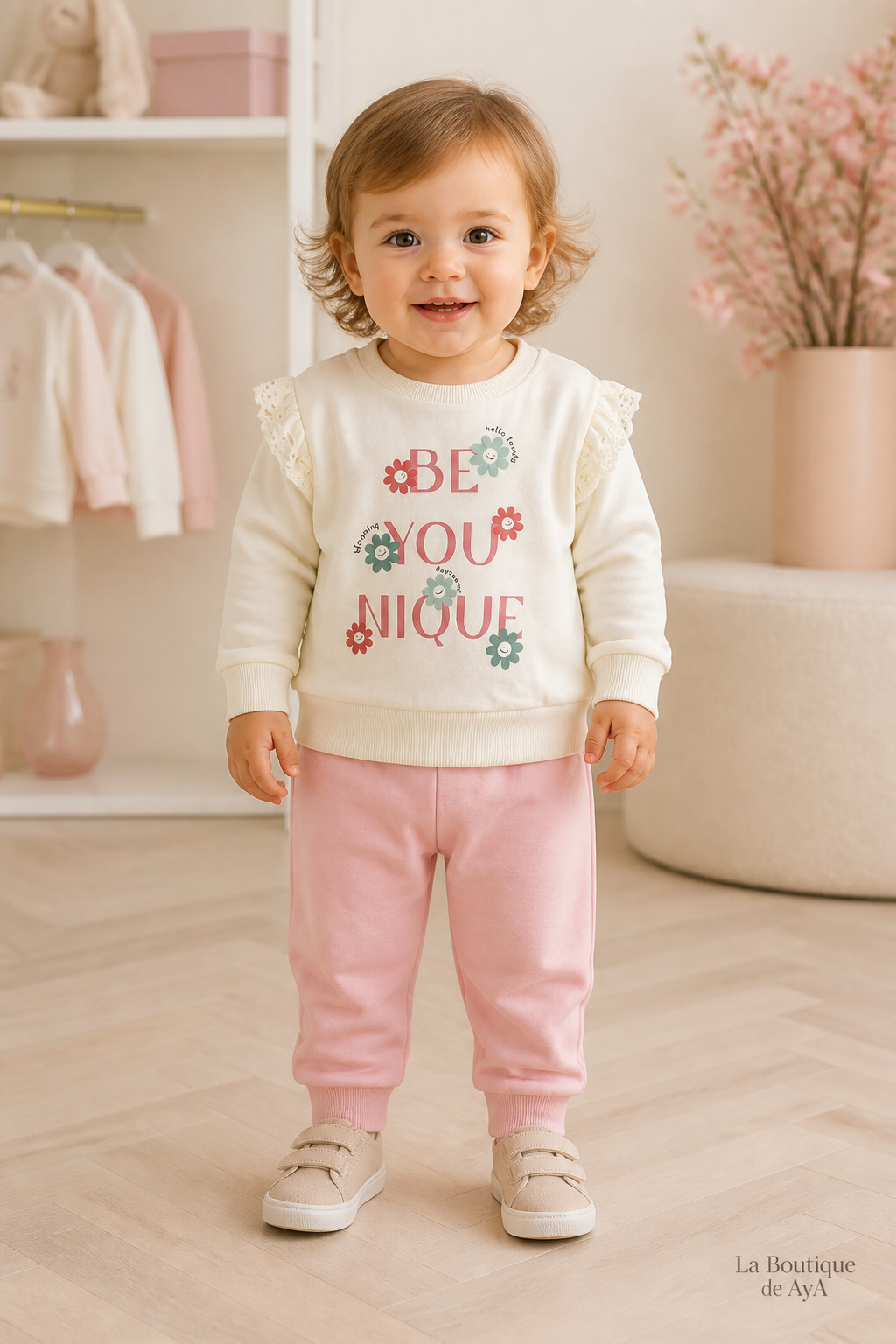 Chándal bebé niña Miranda beige y rosa 40/0536 con modelo