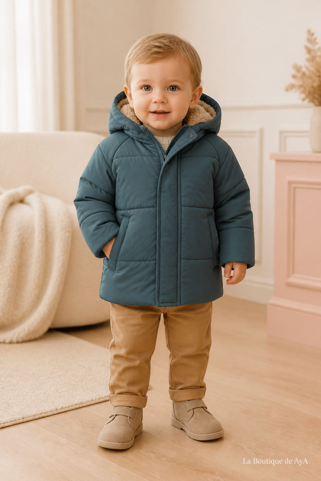 Chaqueta acolchada bebé niño Miranda verde agua 40/1100 con modelo