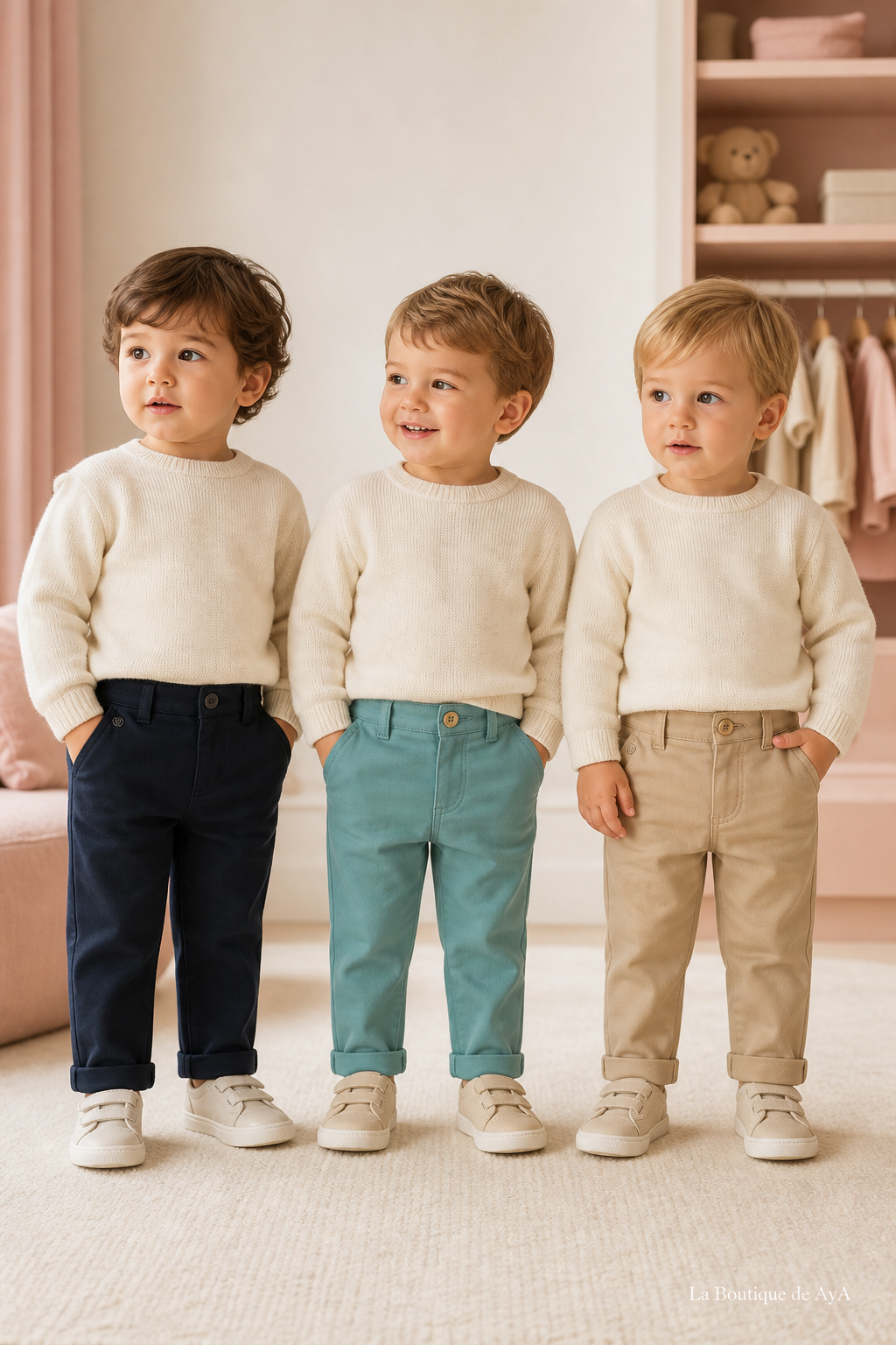 Pantalón bebé niño Miranda marino, verde agua y camel 40/1100/3 con modelos