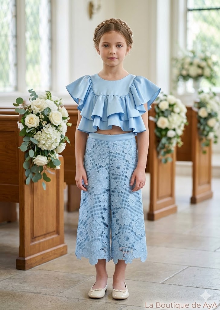 Conjunto celeste de Guipur Color Abel & Lula con Top de Volantes y Pantalón Largo 05212