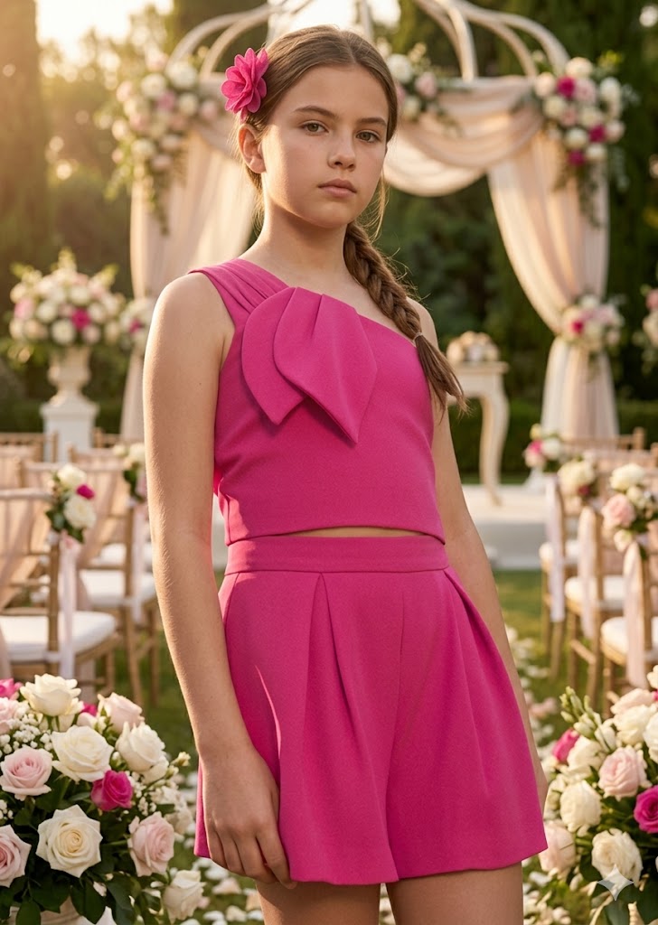 Conjunto Fucsia de Crepe Abel & Lula con Top Asimétrico y Bermuda 05210