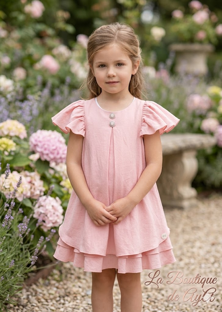 Vestido de Ceremonia Infantil Rosa con Volantes y Detalles Joyas 0231