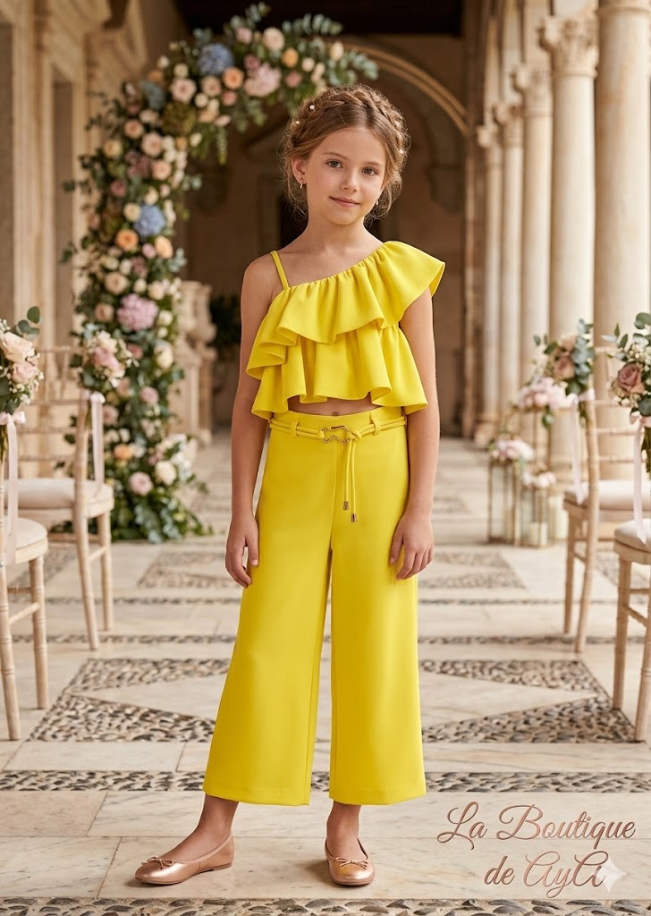 Conjunto niña amarillo top asimétrico y pantalón largo – Abel y Lula 05283