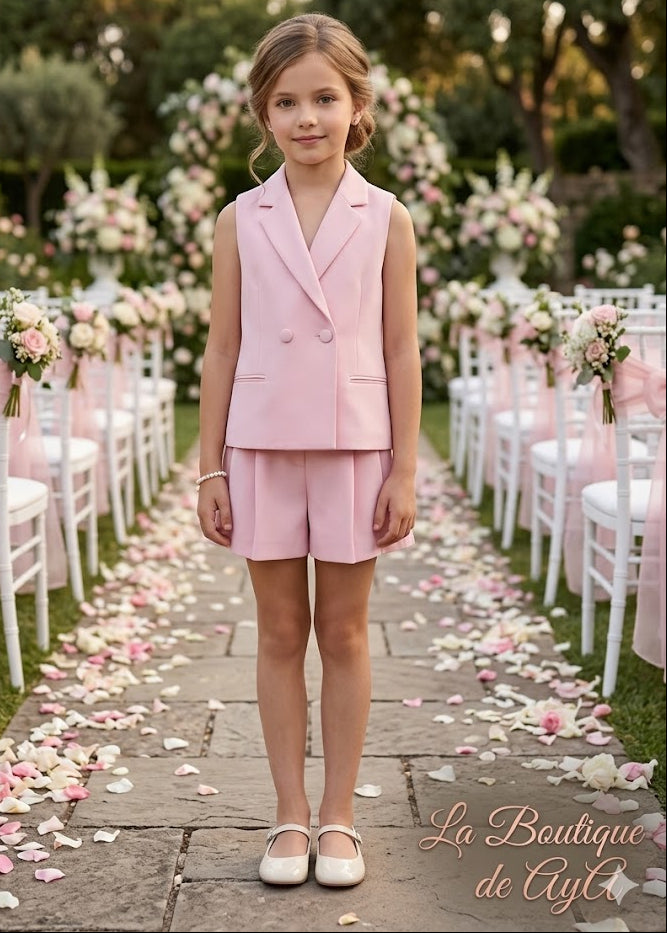 Conjunto niña chaleco y bermuda rosa empolvado – Abel y Lula 05287