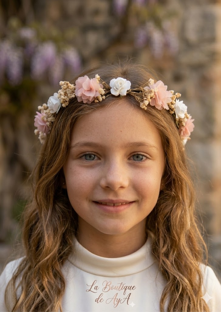 Corona con flores para niña rosa pastel combinadas La Boutique de AyA 0101