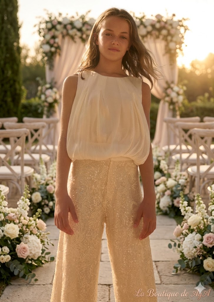 Conjunto de Lentejuelas Color Champagne Abel & Lula con Top y Pantalón 05214