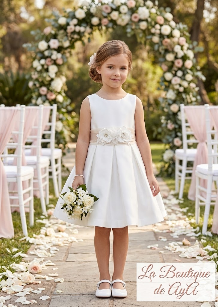 Vestido niña nata satinado con cinturón y flores – Abel y Lula 05030