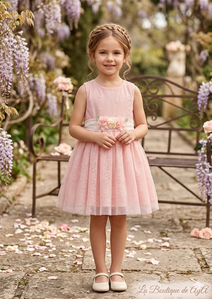 Vestido de Niña Mayoral en Tul Bordado con Flores - Rosa Empolvado 03919